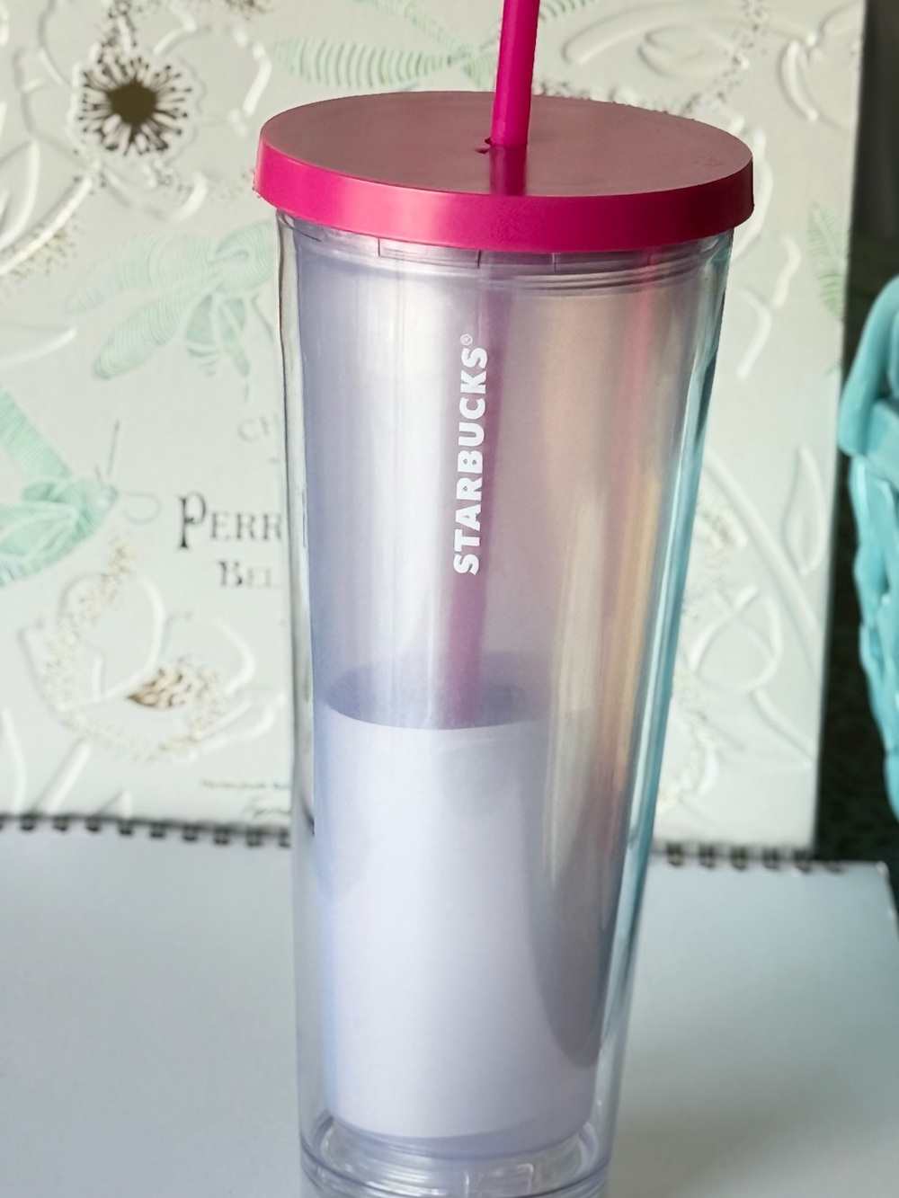 BNWT Starbucks (design your own) frosted cleaTumbler with Hot Pink Lid and Straw